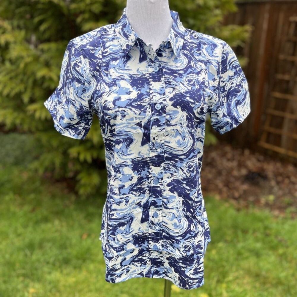 Wildfang The Essential Button-Up Short Sleeve Shirt XS– Unisex Navy Swirl